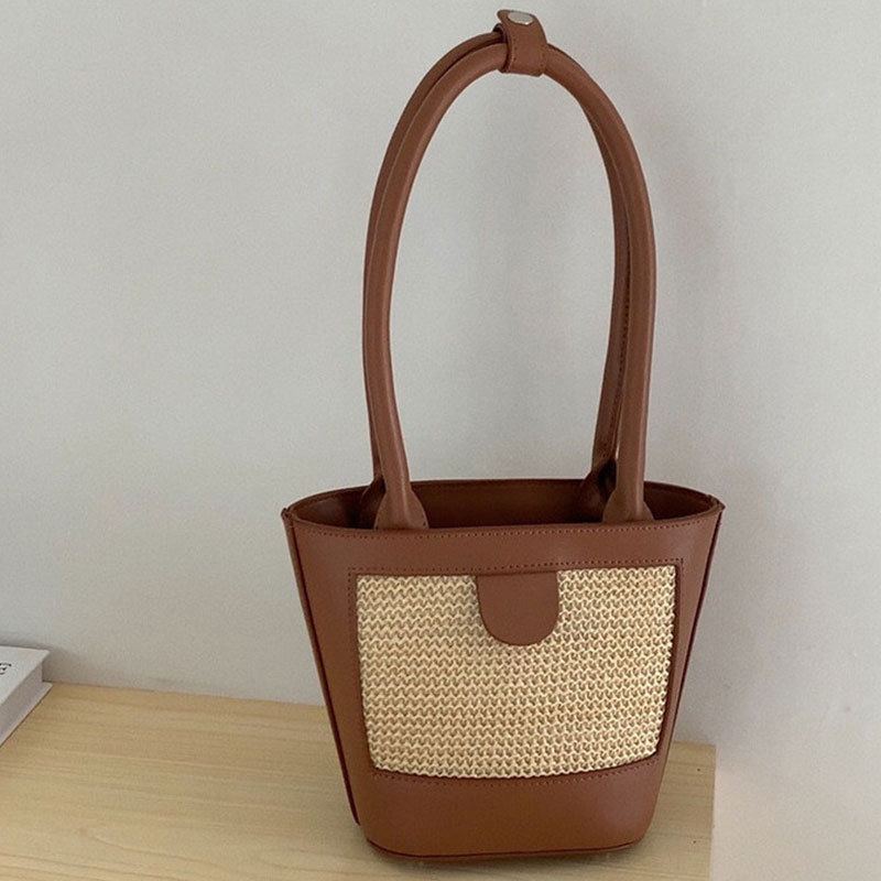 Women’s Korean Style Handwoven Bucket Bag Retro Versatile Handbag Shoulder Bag
