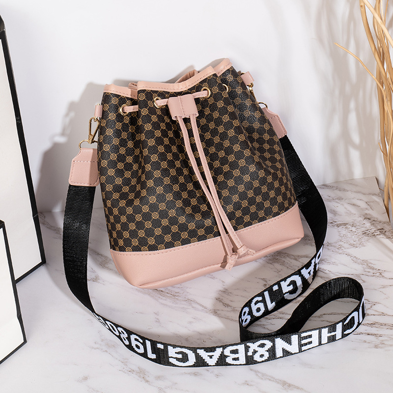 Retro Color Block Print Drawstring Bucket Bag with Detachable Wide Strap - Image 3
