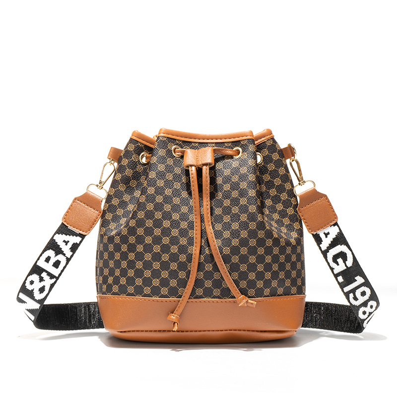 Retro Color Block Print Drawstring Bucket Bag with Detachable Wide Strap - Image 5