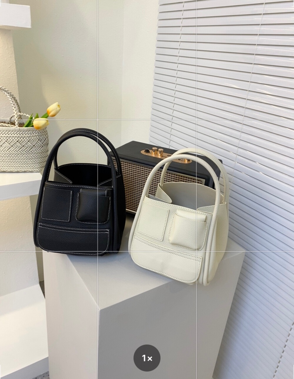 Korean Style Top Layer Cow Leather Stitching Bucket Handbag