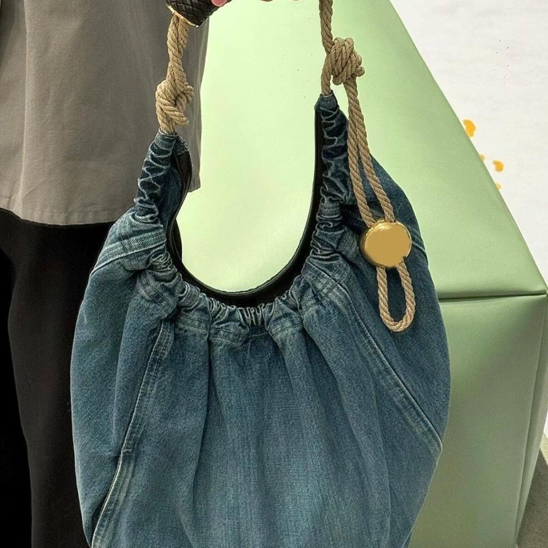 Nomore Denim Tote Bag for Women 2024 New Drawstring Shoulder Crossbody Large Capacity Commuter Bag - Image 4