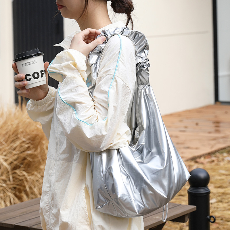 Japanese Style Casual Canvas Bag with Pleated Drawstring Crossbody - Image 2