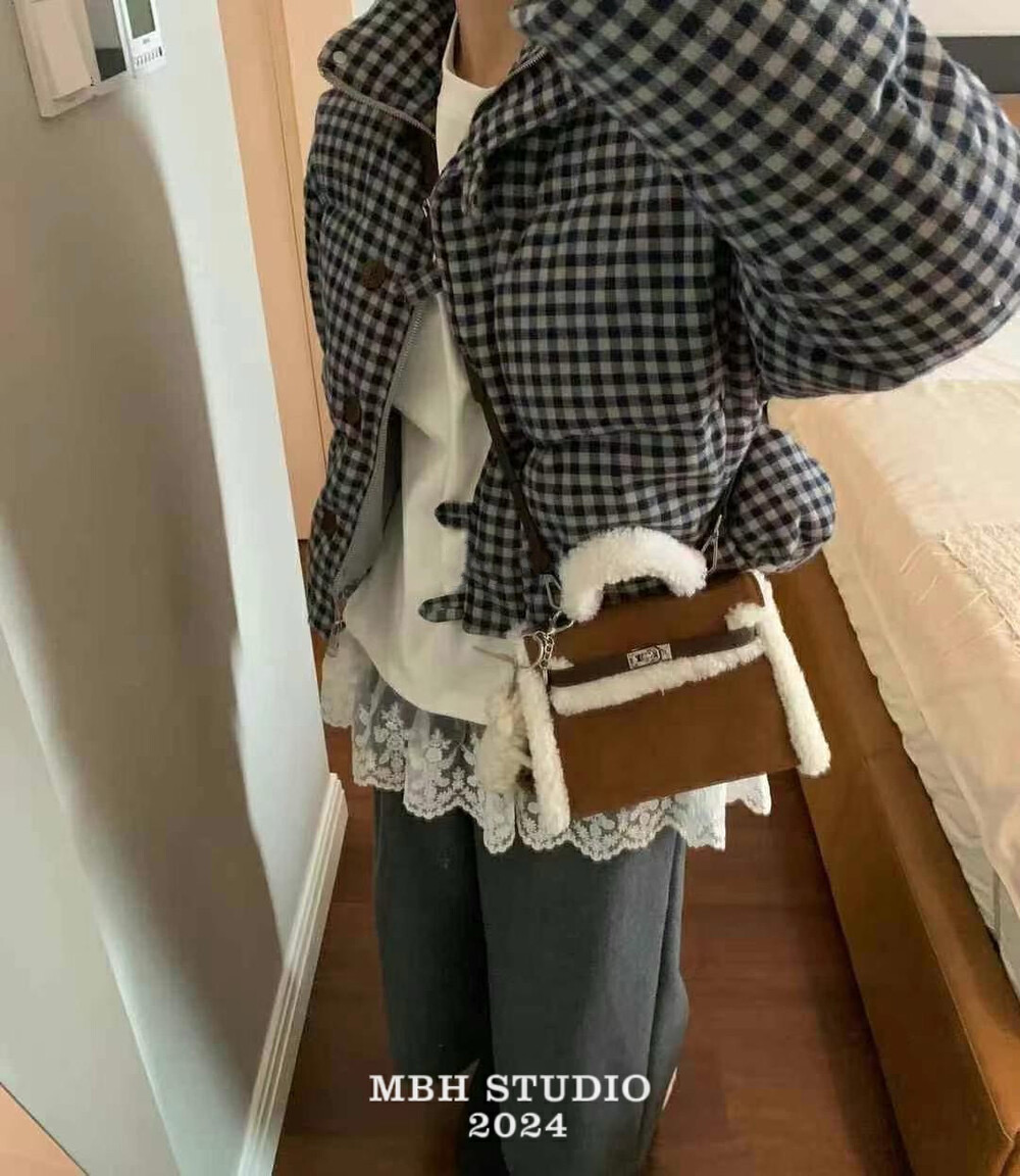 MBH Trendy Premium Lambswool Colorblock Suede Kelly Bag Crossbody Handbag with Shoulder Strap - Image 3