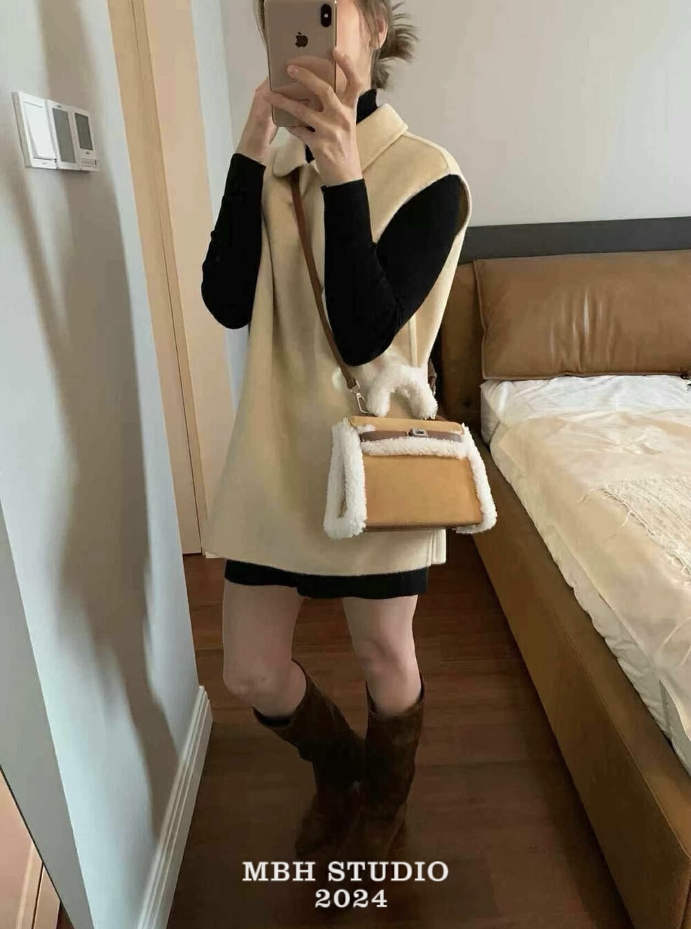 MBH Trendy Premium Lambswool Colorblock Suede Kelly Bag Crossbody Handbag with Shoulder Strap