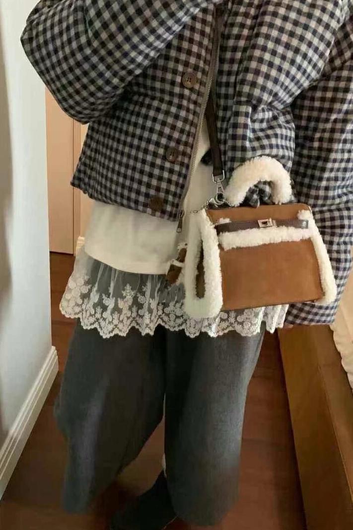 MBH Trendy Premium Lambswool Colorblock Suede Kelly Bag Crossbody Handbag with Shoulder Strap - Image 5